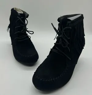 Top Moda Boots Womens 6.5‎ Black Moc Toe Lace Up Wedge Moccasin Bootie NEW thumbnail 1