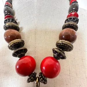 Ethnic wood beaded large pendant necklace thumbnail 4
