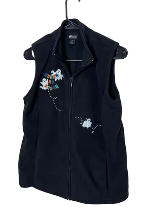 Holiday Editions Womens Black‎ Fleece Ghost Trick or Treat Vest Size S thumbnail 1