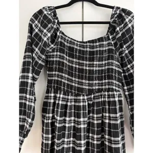 Lucky Brand Black Plaid Smocked Midi Dress‎ Grunge Cottagecore Long Sleeve NWT thumbnail 5
