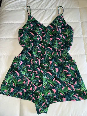 Topshop Pink Playsuit with Green Tropical Leaf Print thumbnail 1