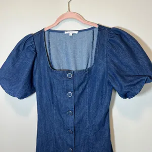 Zoe and Claire Denim Midi Dress Short Puff Sleeve Button Front Blue Small thumbnail 2