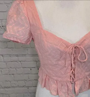 Forever 21 Lace Front Cropped Top with Puff Sleeves thumbnail 2