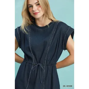 Umgee‎ Drawstring Waist Frayed Denim Mini Dress - Small thumbnail 6