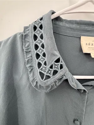 Sézane Dusty Blue Lace-Collar Button-Down Blouse 100% silk size M thumbnail 3