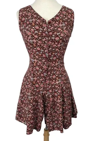 Vintage Sostanza Romper Ditsy Floral Button Front Mini Dress Burgundy Womens M thumbnail 3