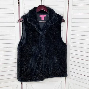Betsey Johnson Faux‎ Fur Vest Black Metallic Silver Shimmer Large thumbnail 7