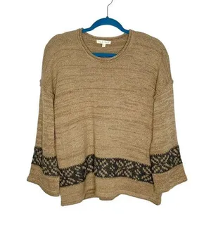 Hem & Thread Tan Knit Gray Fair Isle Stripe 3/4 Length Sleeve Sweater thumbnail 1