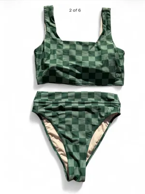 Albion Fit Olivia Swimsuit Green Checkered High Waisted High Cut Small Square Neck thumbnail 2