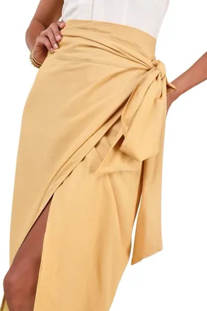 Lulus NWT Breezy Personality Yellow Linen Midi Wrap Skirt Medium thumbnail 4