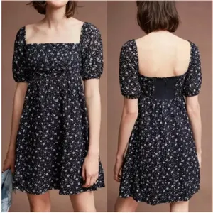 Anthropologie Maeve Navy Lillianne Floral Puff Sleeve‎ Eyelet Mini Dress Size 4 thumbnail 2