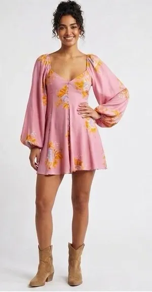 Free People Francesca Mini Dress Dawn Rose Combo Floral Balloon Sleeve XS thumbnail 1