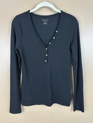 American Eagle Womens Black Ribbed Waffle Knit Long Sleeve Henley Top Medium thumbnail 1