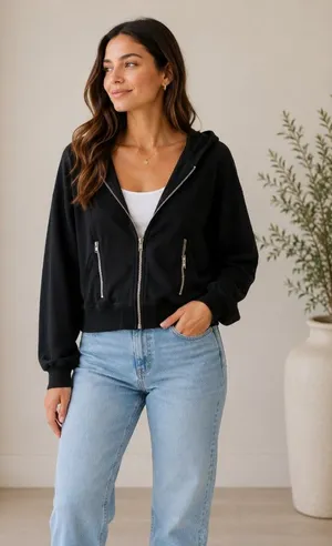 AIKO Jacket Womens XS Black Hooded Cropped Dolman Sleeve Zip Pocket Sweatshirt thumbnail 1