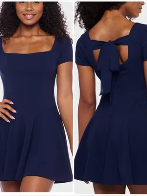NWT B Darlin Juniors Navy Scuba Crepe Square-Neck Fit & Flare Dress Size 9/10 thumbnail 2