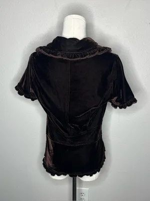Y2K Vintage Chocolate Brown Velvet Ruffle Collar Tie Front Fairy Grunge Top thumbnail 6