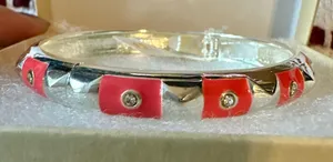 Sequin Silver Bracelet with Coral Pink Accents and Crystal Stones pointing NIB thumbnail 1