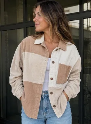 Forever 21 Cream & Tan Colorblock Corduroy Shacket Overshirt M thumbnail 1