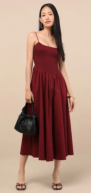 NWT Lulus Tandria Burgundy Smocked Sleeveless Midi Dress Gala Banquet Size M thumbnail 1