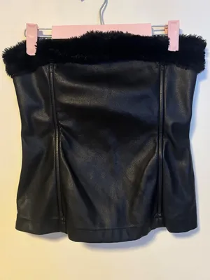 WeWoreWhat Fur Trim Faux Leather Corset Strapless Tube Top Black Womens Size 8 thumbnail 2