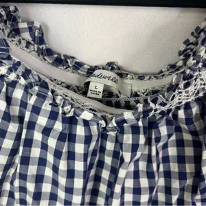 Madewell Smocked Blue & White Gingham Plaid Off The Shoulder Long Sleeve‎ L thumbnail 4