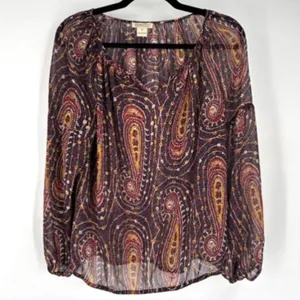 Lucky Brand Womens Paisley Sheer Split Neck Long Sleeve Blouse Multicolor Medium thumbnail 1