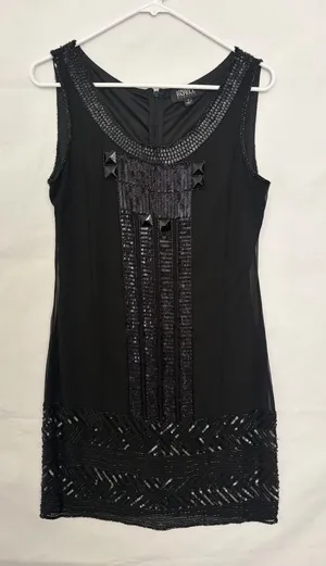Adrianna Papell Evening Size 4 Black Silk Beaded Sequined Flapper Dress(A918) thumbnail 1