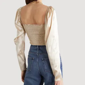 💖 NWT Reformation 100% Silk Roe Puff Sleeve Shirred Blouse in Champagne Gold thumbnail 2