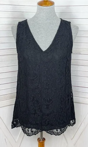 WHBM‎ Lace Front Pleated Chiffon Back Sleeveless Tank Top Black XS Coquette Goth thumbnail 1