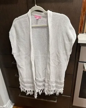 Lilly Pulitzer Womens Cardigan Sweater‎ White Open Sleeveless Fringe Hem S/M thumbnail 1