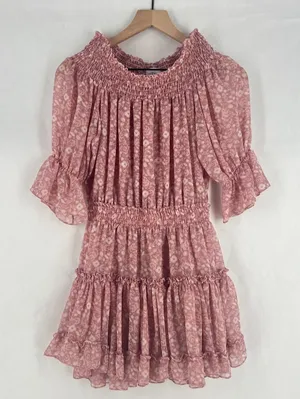 Misa Los Angeles Tiered A Line Mini Dress Womens Small Dusty Rose Floral Smocked thumbnail 1