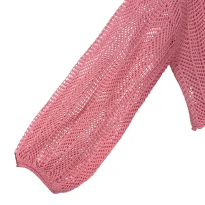 POL Pink Open Knit Cropped Oversized‎ Sweater Balloon Sleeve Crochet Pullover L thumbnail 3