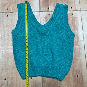 Illustrations Vintage Teal Chunky Knit V-Neck Sweater‎ Vest Ramie Cotton Small thumbnail 2