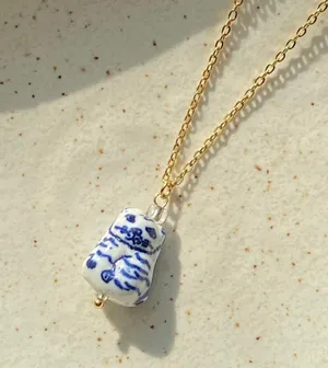 ceramic cute cat boho retro vintage style necklace🐈🩵 thumbnail 4