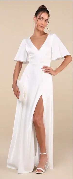 Lulus Elegant Confidence White Satin Flutter Sleeve Cutout Maxi Dress Size XS thumbnail 1
