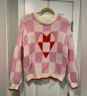 NWT Luna Ivy Size S Pink Cream Check Heart Chunky Knit Long Sleeve Crew Sweater thumbnail 1