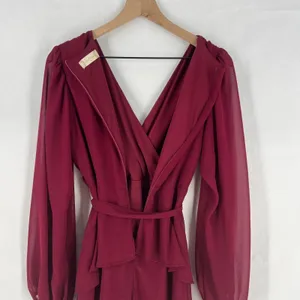 Altar'd State Mini Dress Womens M Red Tie Waist Balloon Sleeve Ruffle Wrap Front thumbnail 10