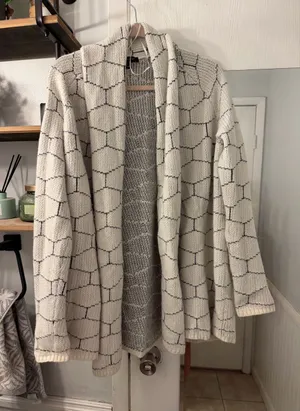 Ann Taylor Cream Open-Front Geometric Knit Cardigan thumbnail 1