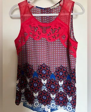 Pale Sky Women's Sleeveless Red and Blue Patterned Top Size Medium thumbnail 1