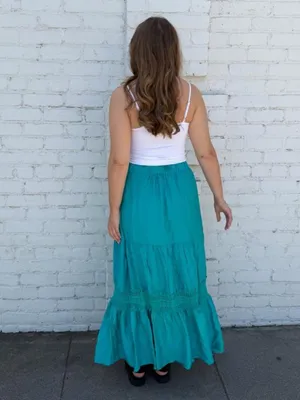 ZARA Teal boho maxi skirt with ruffled tiers and lace trim sz L #boho #festival thumbnail 3