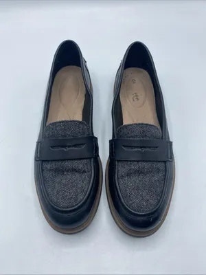 Clarks Raisie Aletta Black Leather Gray Tweed Slip-On Penny Loafers 7M Cushion thumbnail 8