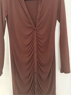 New Look Button-Front Ruched Long Sleeve Dress in Rust thumbnail 3