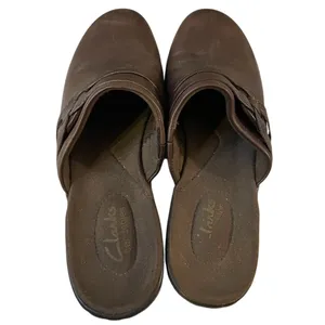 CLARKS Chocolate Dark Brown Leather Clog Mules Slides Shoes - Size 7 thumbnail 10