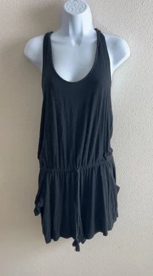 Aerie Romper Medium Black Lace Back Drawstring Waist Casual Summer‎ Loungewear thumbnail 1