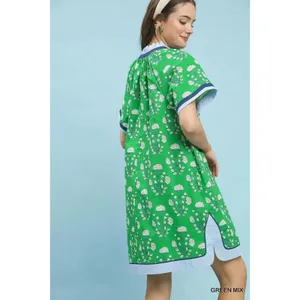 Umgee Printed Split Neck Short Sleeve Shift Dress - Green Mix - Medium thumbnail 5