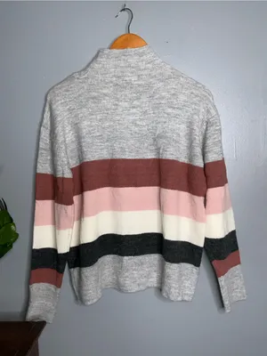 beachlunchlounge Gray Mock Neck Sweater with Rust, Pink & Cream Stripes L thumbnail 3