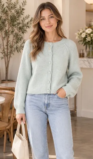 Song of Style Revolve Mint Sea Foam Green Crewneck Cardigan Sweater M thumbnail 1