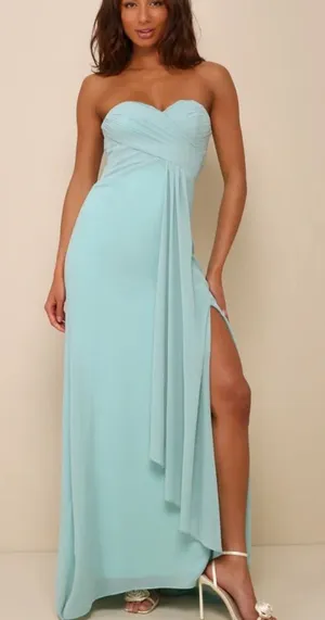 Lulu’s Splendid Aura Sage Green Chiffon Pleated Strapless Maxi Dress Size L thumbnail 1