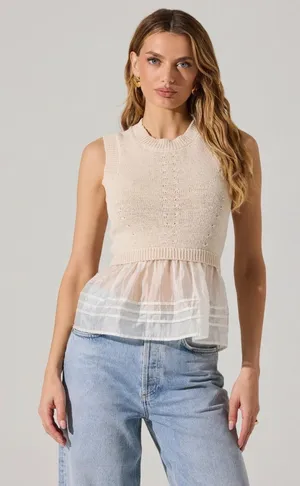 ASTR THE LABEL Sheer Peplum Sweater Vest Cream White size Small Voile Sleeveless thumbnail 1