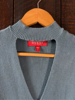 GUESS Ribbed Sleeveless V-cutout Sweater Top in Dusty Teal thumbnail 2